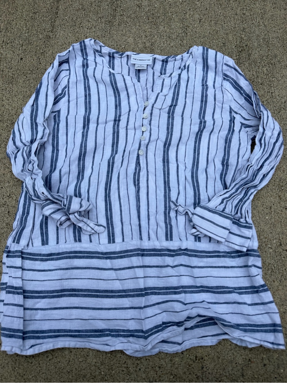 Liz Claiborne Striped Linen Cotton Tunic Blouse S Long Sleeve V-Neck Button